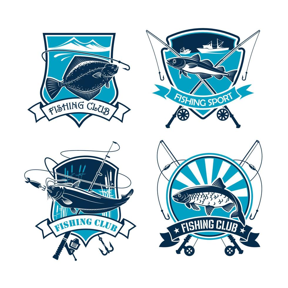jeu d'icônes vectorielles de club de sport de pêche vecteur