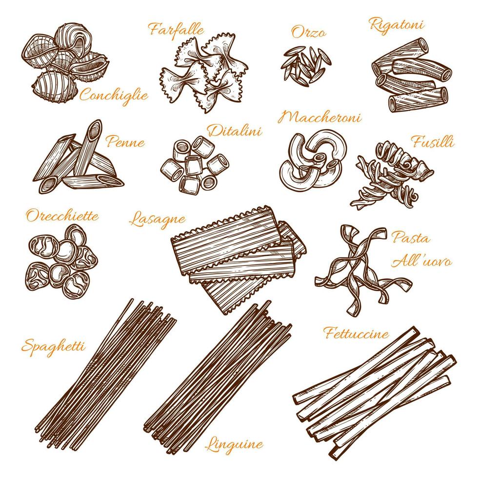icônes de croquis de vecteur de sortes de pâtes italiennes