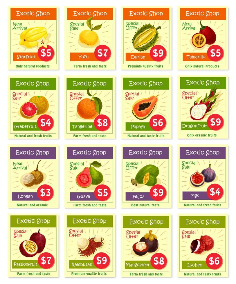 cartes de prix de vecteur pour les fruits exotiques tropicaux
