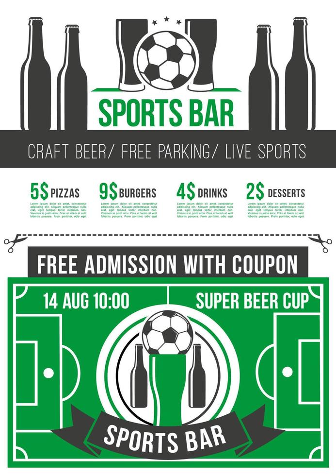 affiche de menu de bar sportif avec ballon de football et bière vecteur