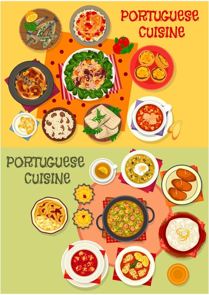 jeu d'icônes de menu de dîner de fruits de mer de cuisine portugaise vecteur