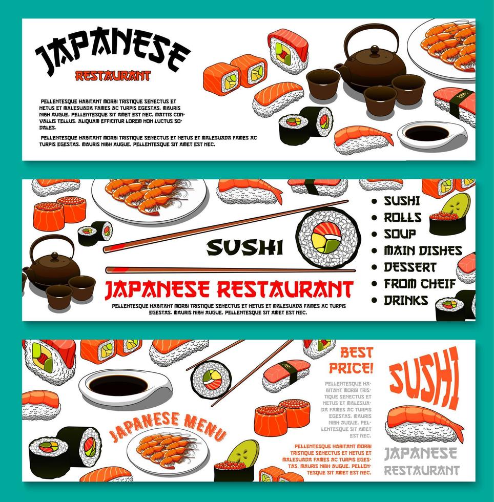 jeu de bannières de menu vecteur cuisine japonaise ou sushi