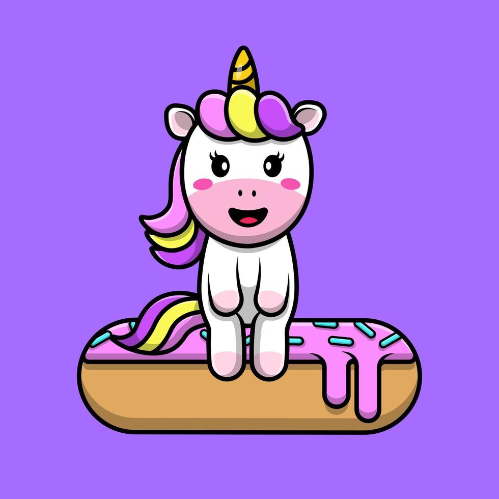 licorne mignonne assise sur l'illustration d'icônes vectorielles de dessin animé de beignet. concept de dessin animé plat. adapté à tout projet créatif. vecteur