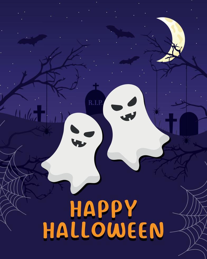 arrière-plan pour halloween avec des fantômes d'halloween, des arbres, des araignées, le web, un dépliant d'halloween vecteur