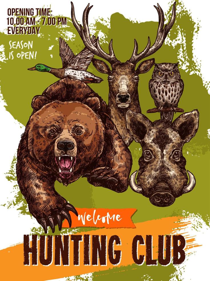 affiche de croquis de vecteur d'animaux sauvages de club de chasse