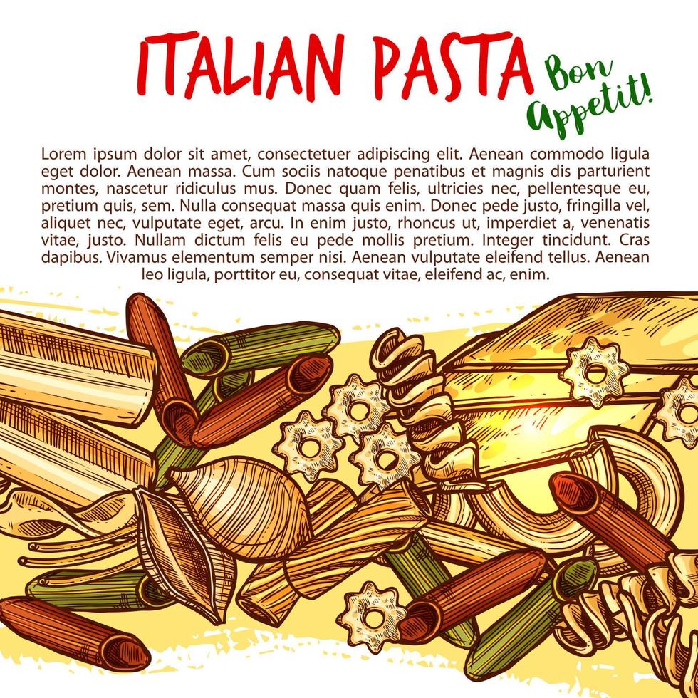 affiche de formes de pâtes italiennes avec croquis de spaghetti vecteur