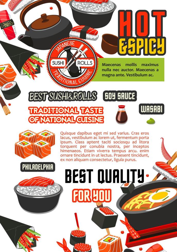 affiche de restaurant de cuisine japonaise avec sushi, riz vecteur