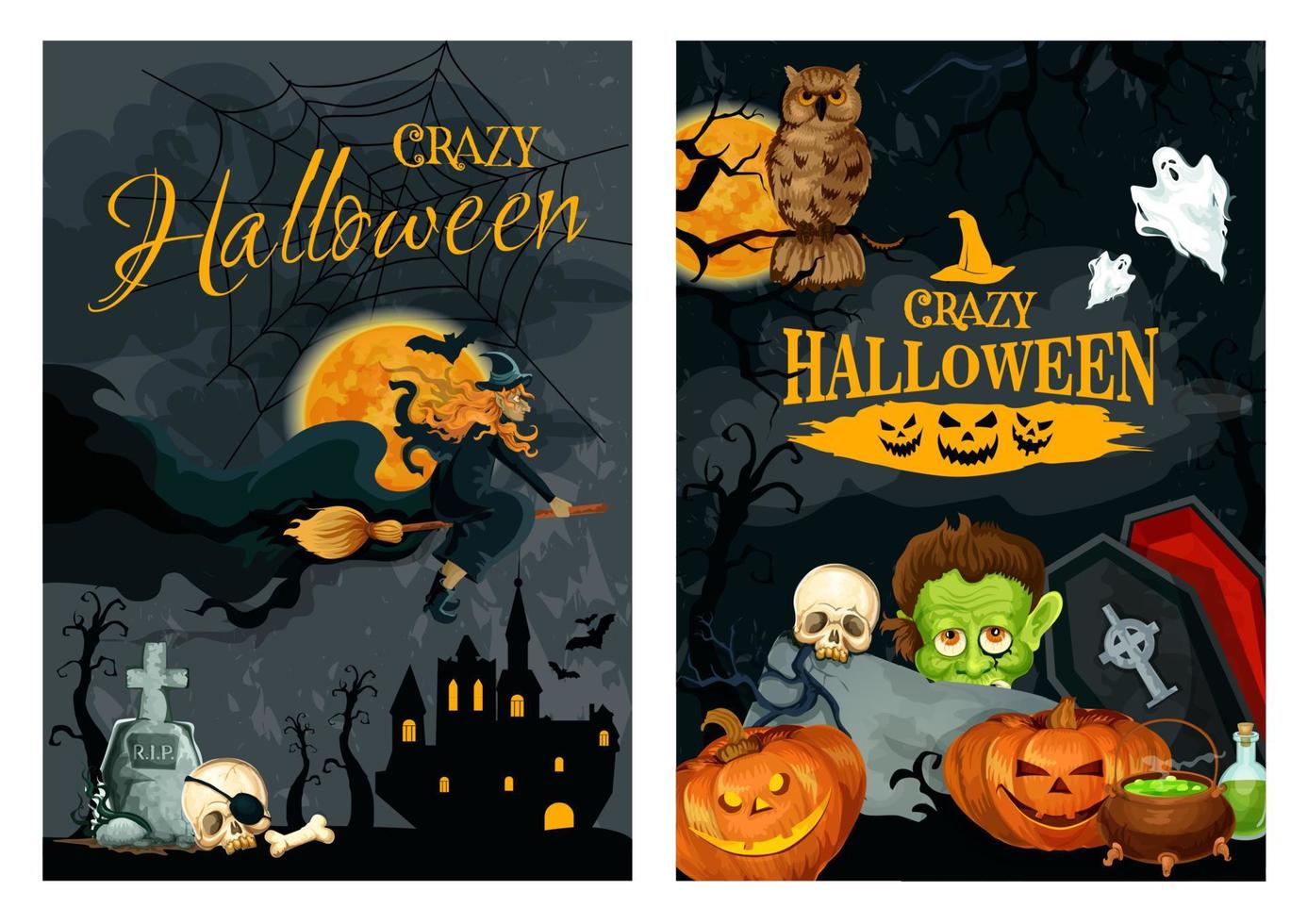 affiche d'halloween avec citrouille, fantôme et sorcière vecteur