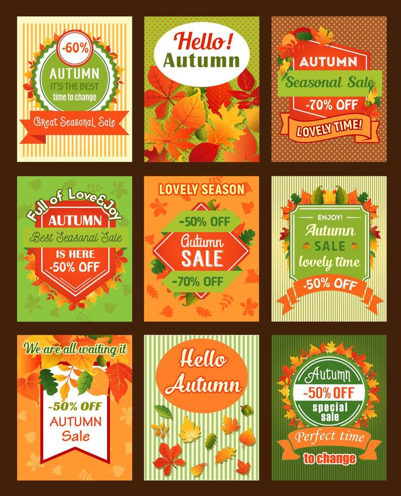 bannière de vente rétro de saison d'automne et conception de jeu d'étiquettes vecteur