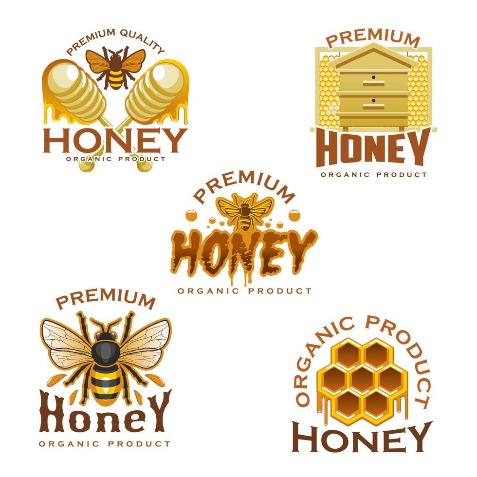 icône de miel avec abeille, nid d'abeille, ruche et balancier vecteur