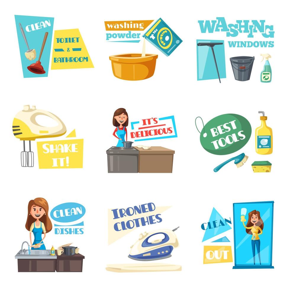icônes vectorielles pour les travaux ménagers à domicile nettoyage lavage vecteur