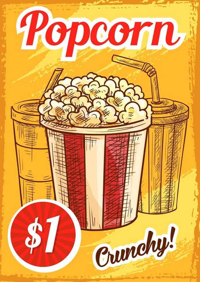affiche de café de cinéma de croquis de menu de pop-corn de vecteur