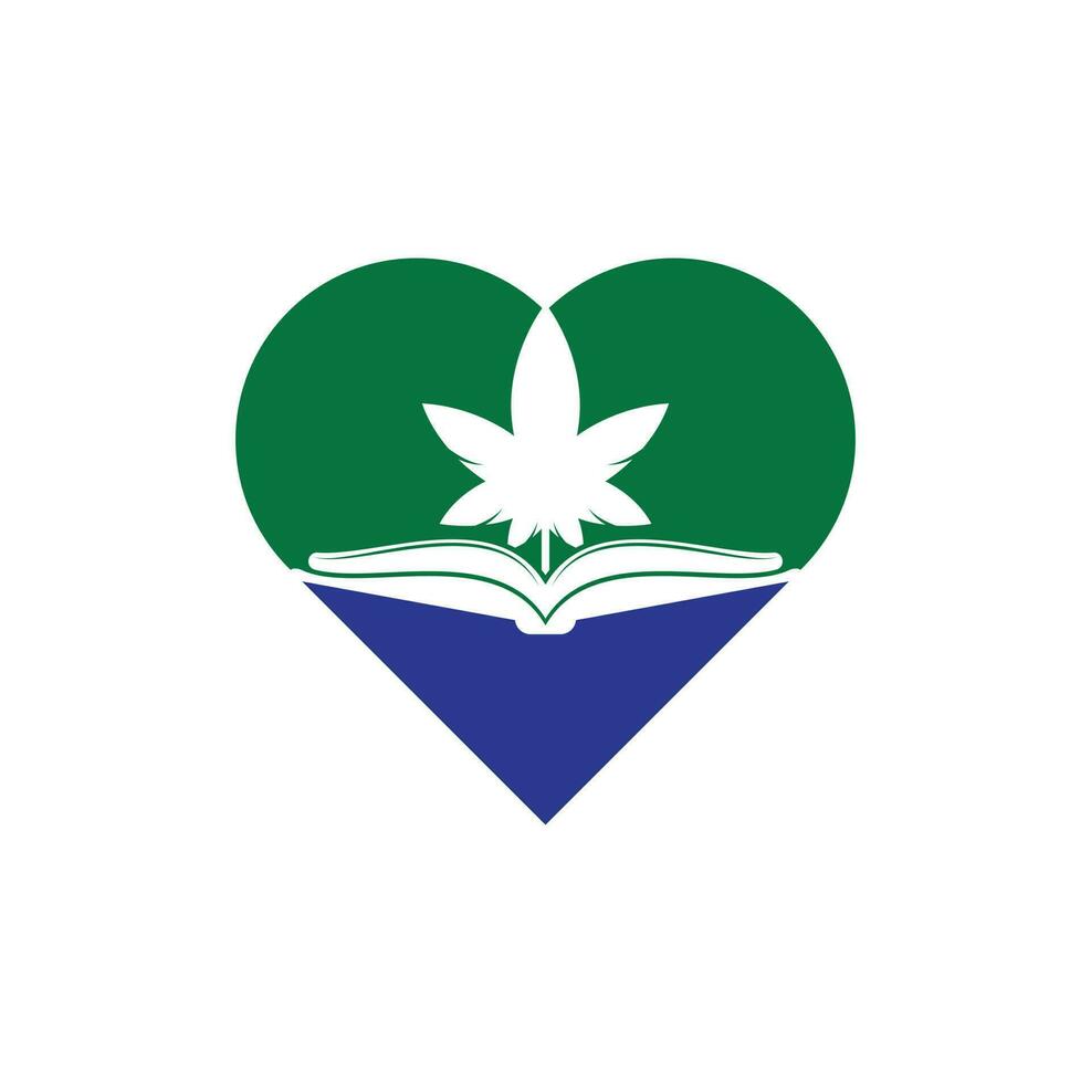 modèle de logo de symbole de concept de forme de coeur de livre et de marijuana. adapté à la formation médicale. vecteur