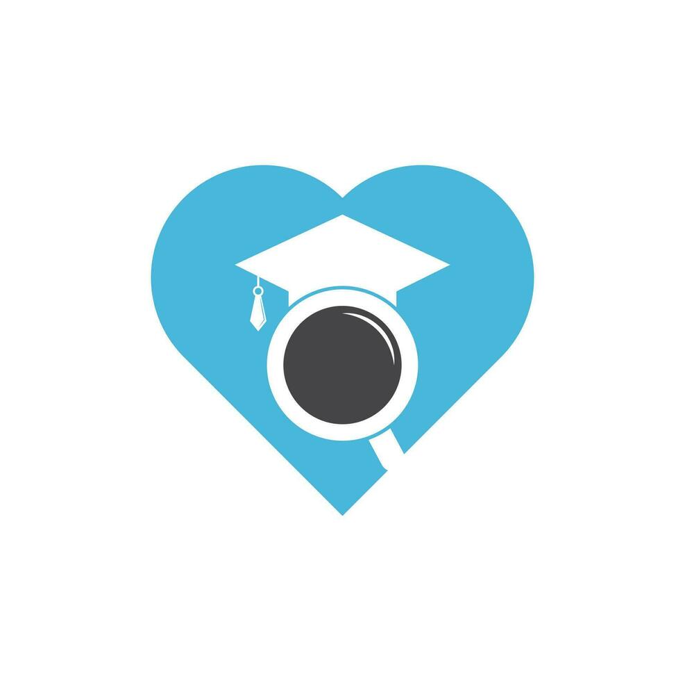 logo de concept de forme de coeur d'éducation de recherche. chapeau de diplômé et création de logo en forme de loupe. modèle de logo vectoriel étudiant finder.