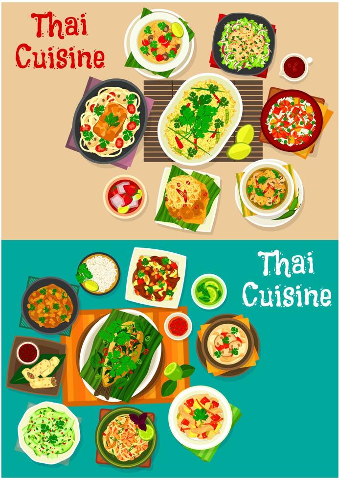 icône de la cuisine thaïlandaise sertie de plats asiatiques traditionnels vecteur