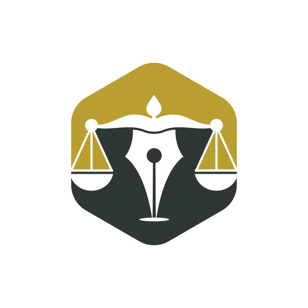 modèle de conception de logo vectoriel de cabinet d'avocats stylo. vecteur de logo de droit avec équilibre judiciaire symbolique de l'échelle de la justice dans une pointe de stylo.