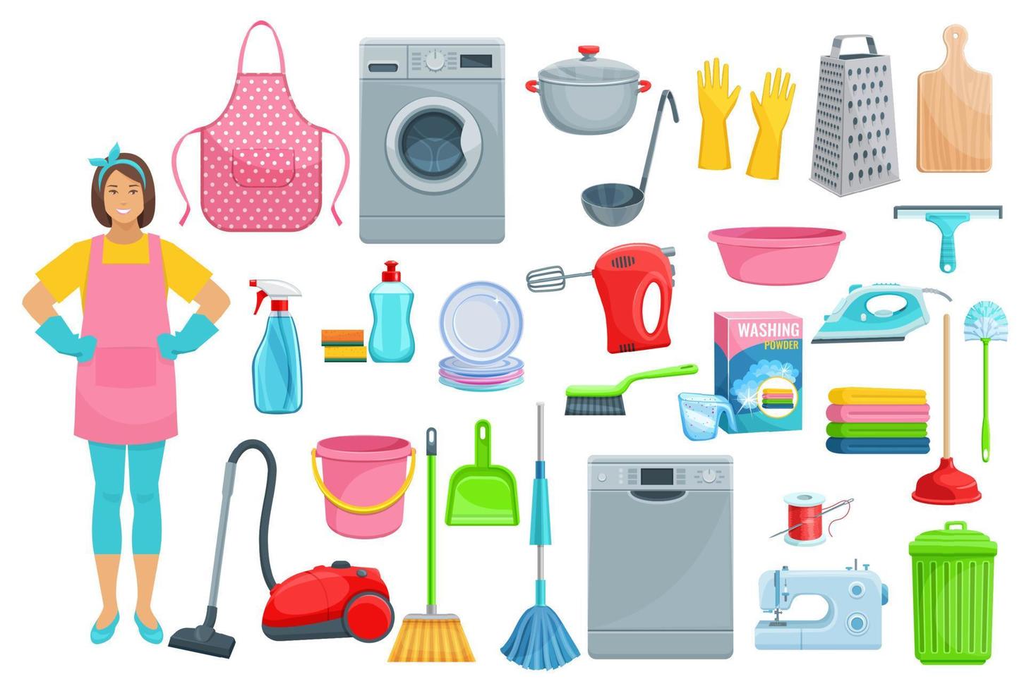 femme de ménage se lavant, nettoyant les icônes vectorielles vecteur