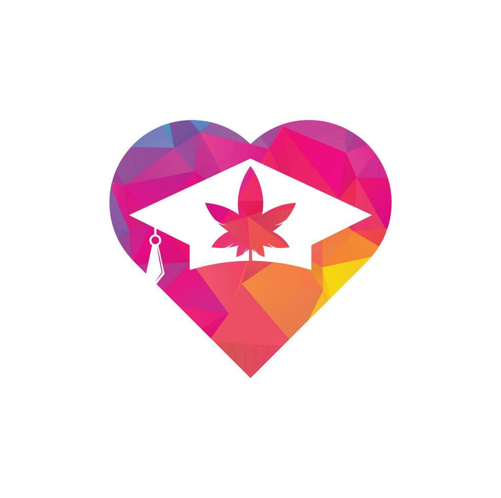 conception de logo de concept de forme de coeur de cannabis d'éducation. chapeau de graduation et modèle d'icône de logo de marijuana. vecteur