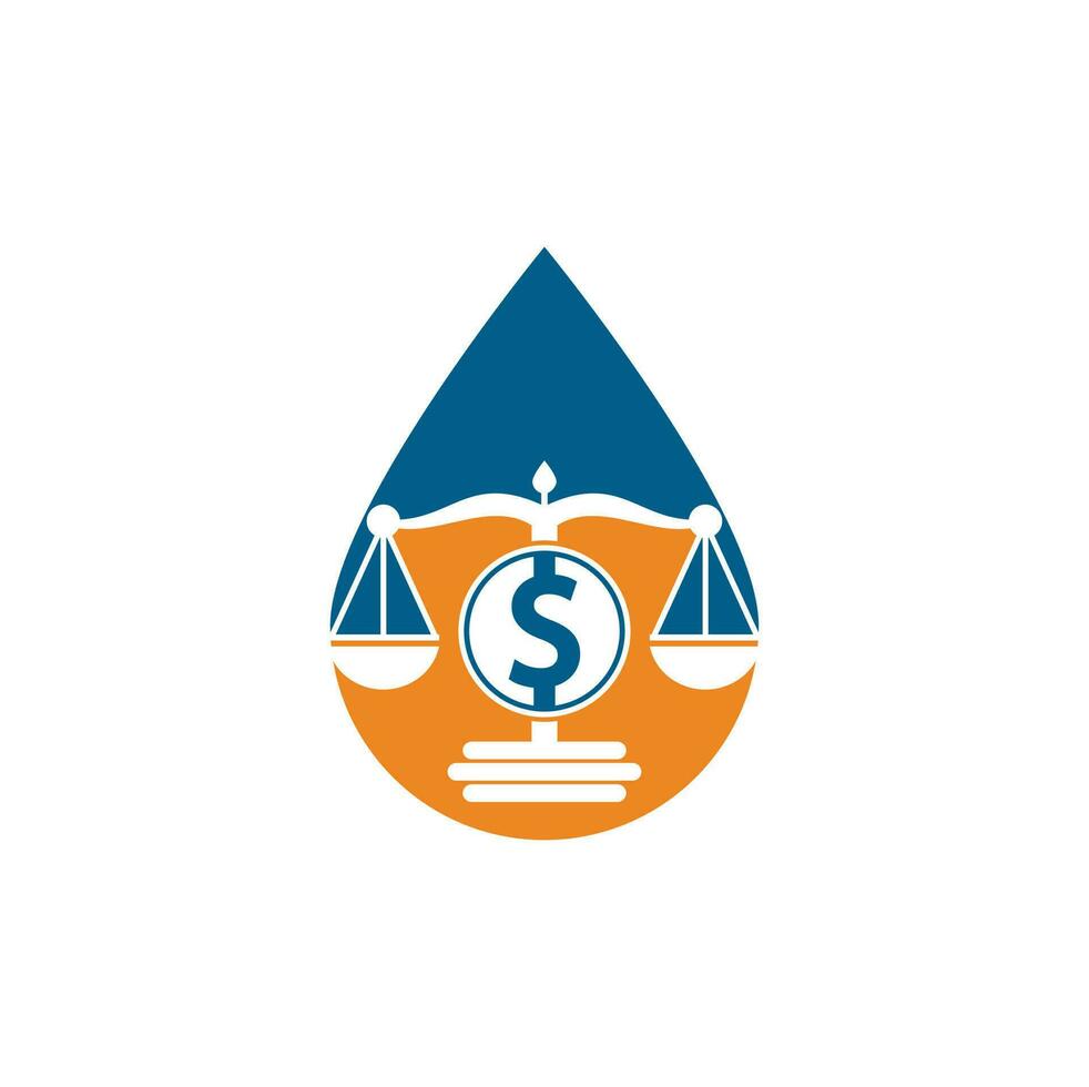 conception de logo vectoriel de forme de goutte de cabinet d'avocats d'argent. notion de financement. échelle de logotype et icône de symbole dollar