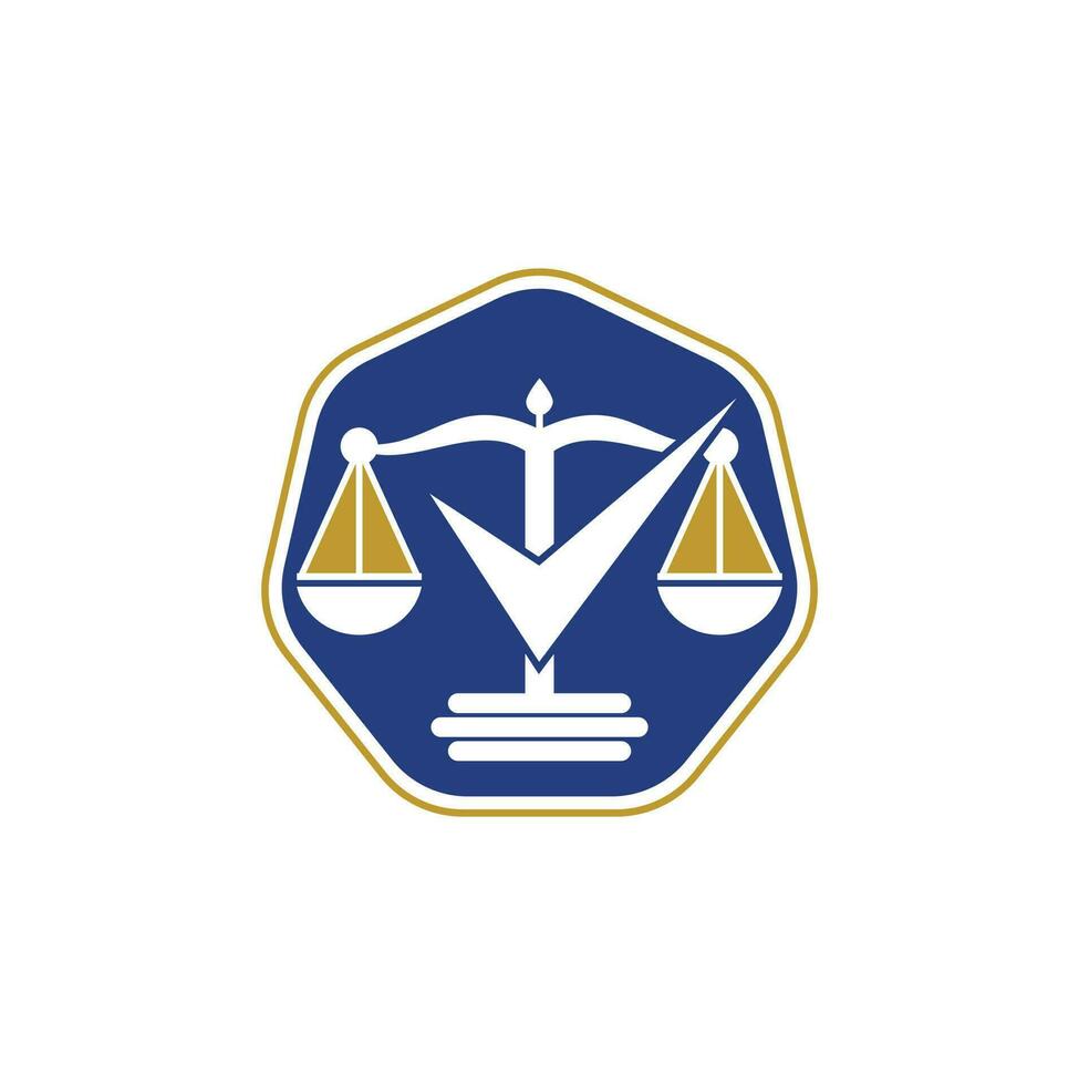 création de logo vectoriel de cabinet d'avocats. échelle de loi avec la conception de vecteur d'icône de signe de contrôle.