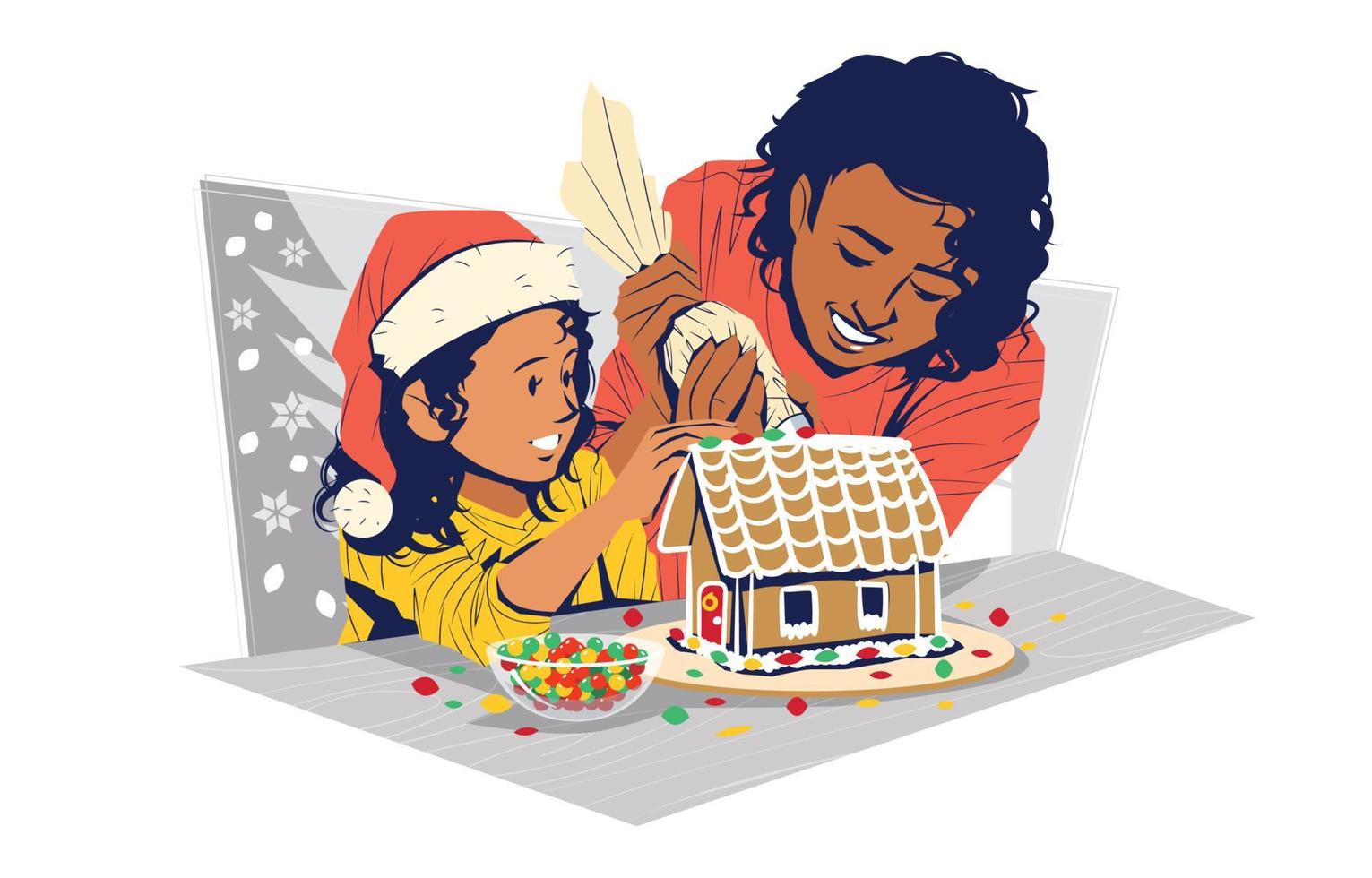 mère et fille décorant une maison en pain d'épice sur le concept de noël vecteur