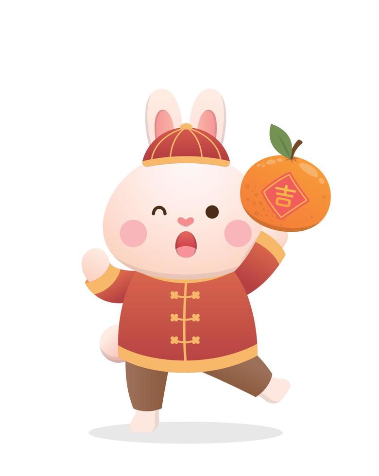 personnage ou mascotte de lapin mignon avec mandarine, éléments du nouvel an lunaire chinois, année du lapin, style de dessin animé vectoriel