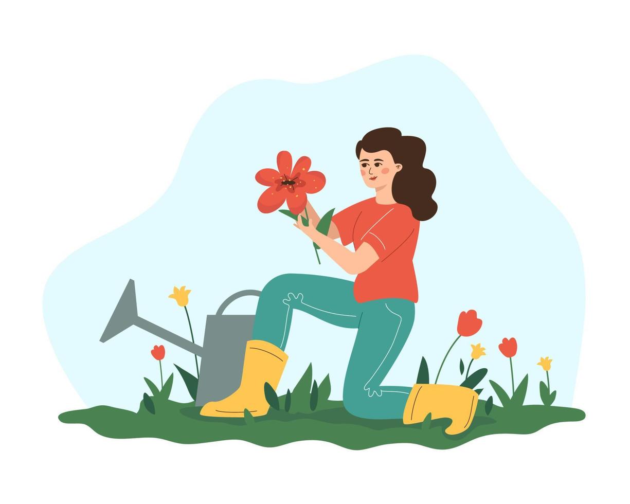 une fille qui fait pousser des fleurs. un symbole d'unité avec la nature, la croissance, les soins, l'état d'écoulement et le bonheur. vecteur