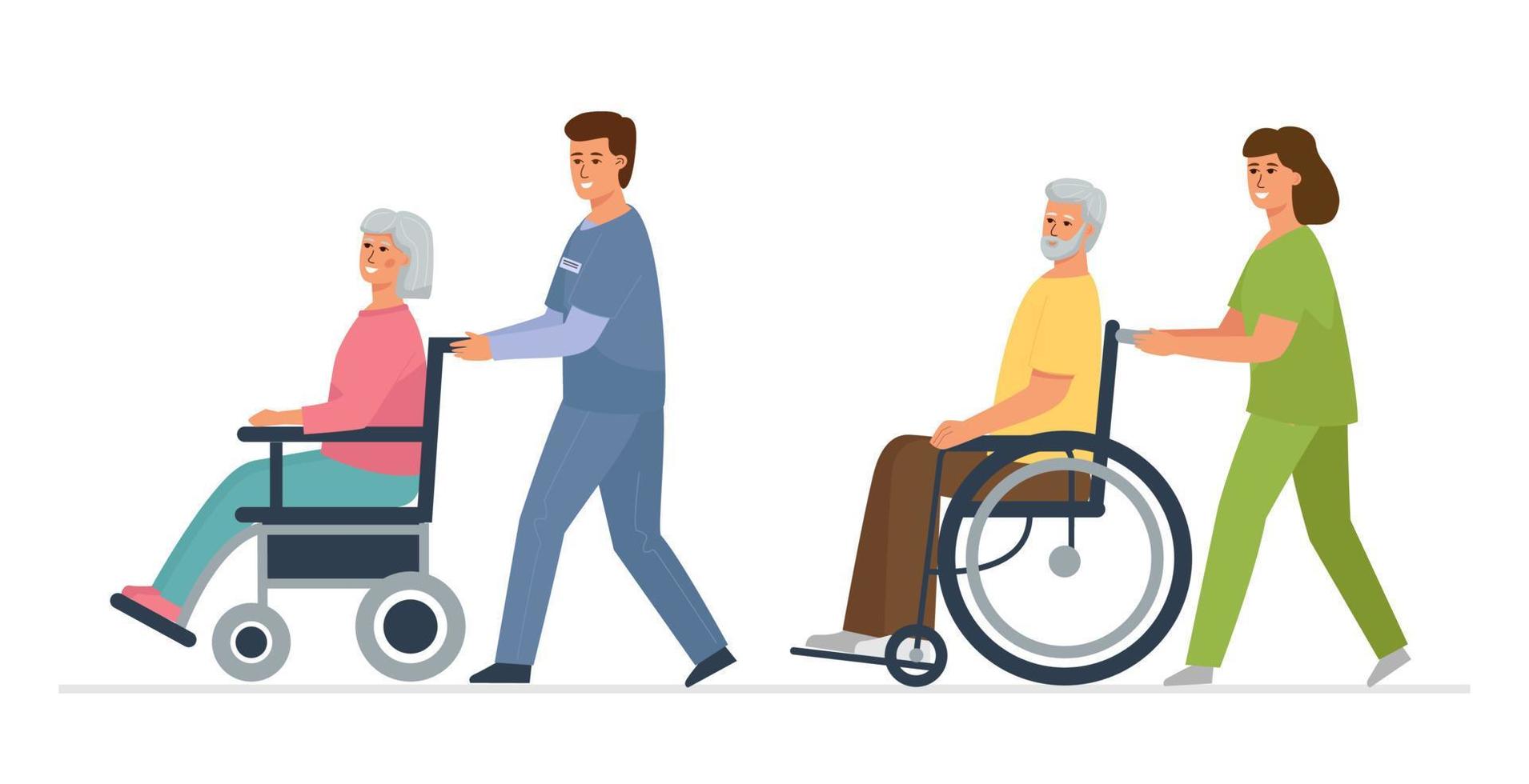les personnes âgées handicapées en fauteuil roulant et le personnel médical. une promenade pour les patients d'une maison de retraite. vecteur