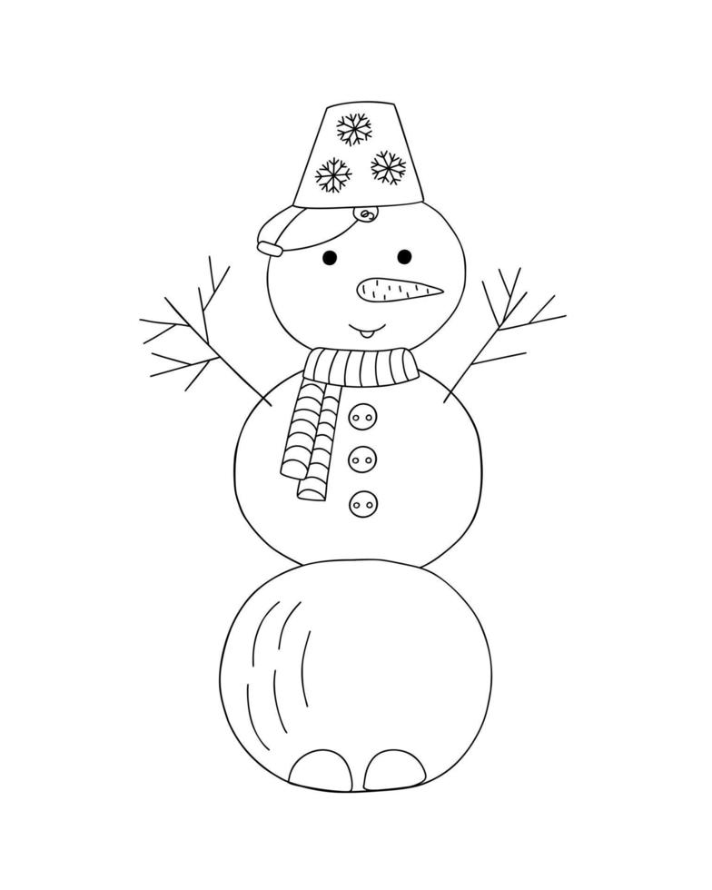 bonhomme de neige avec seau, nez de carotte, boutons, écharpe joli contour doodle illustration vectorielle pour les enfants, petit homme drôle, activité de plein air en hiver, symbole du temps des vacances vecteur