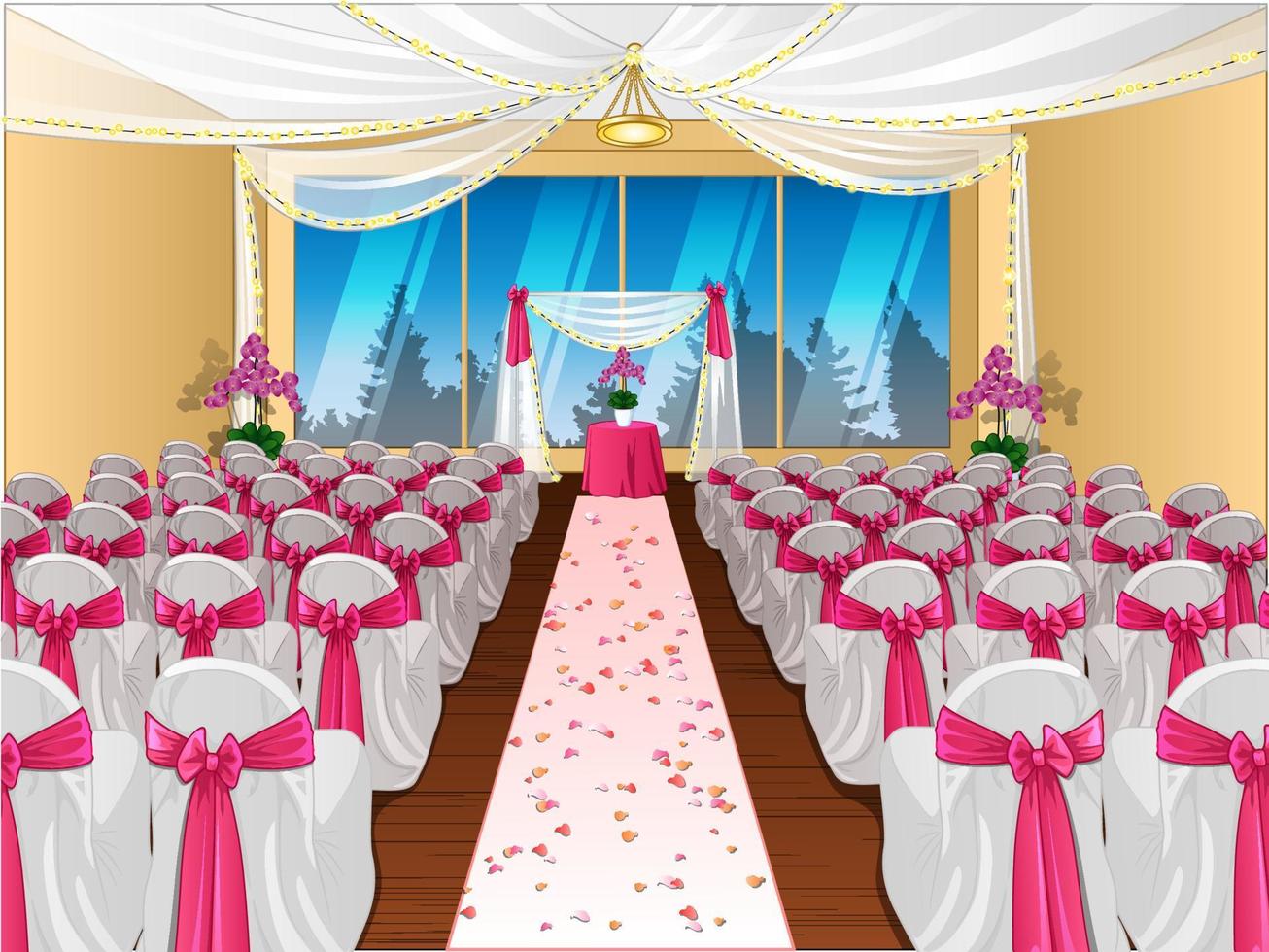 salle de mariage avec autel et chaises avec des arcs roses. illustration vectorielle vecteur