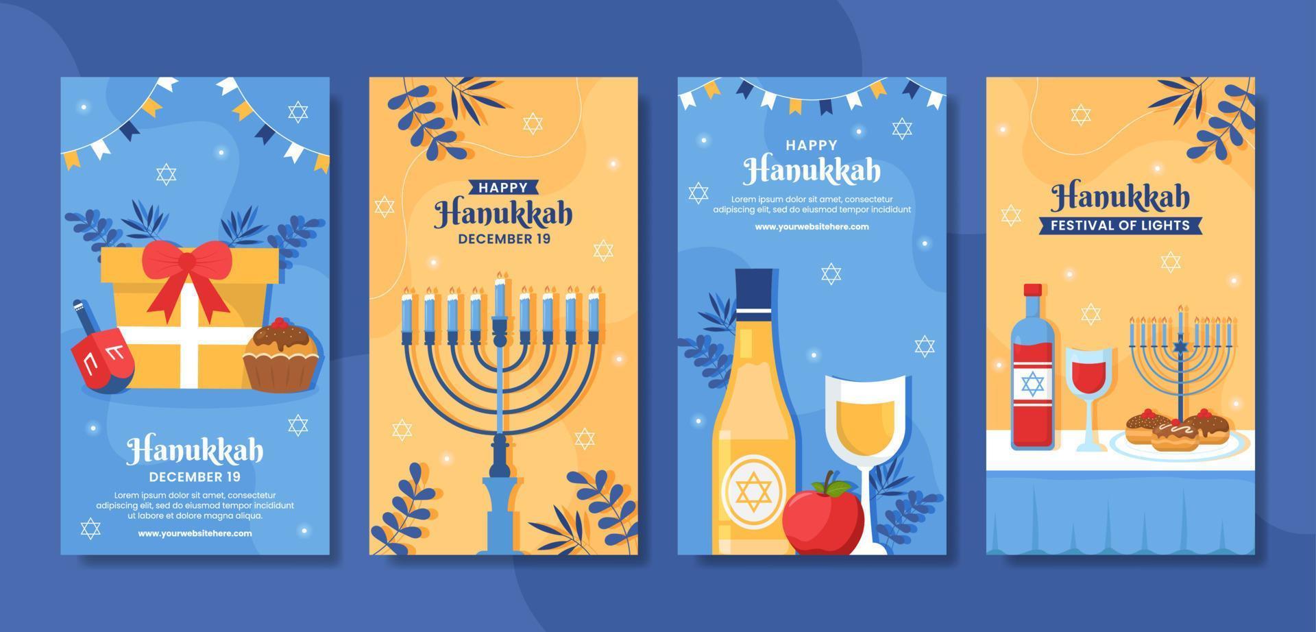 hanukkah vacances juives histoires de médias sociaux dessin animé plat illustration de modèles dessinés à la main vecteur