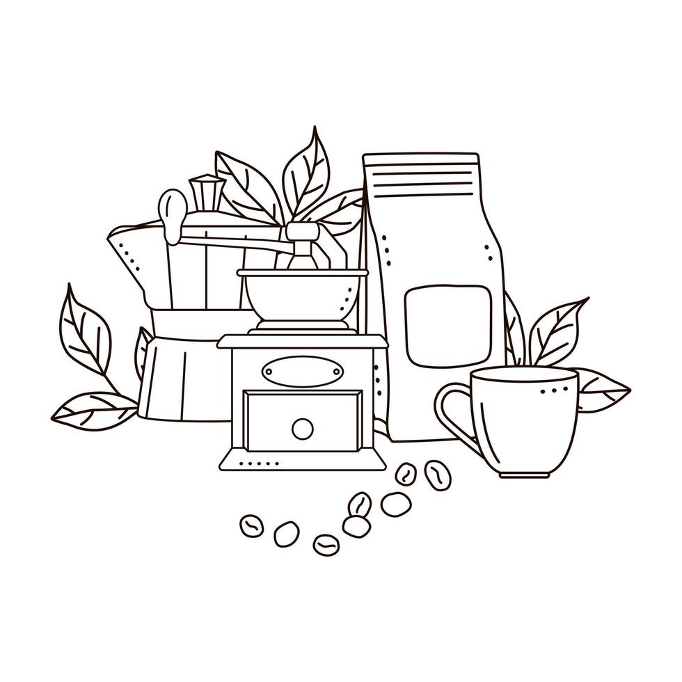 cafetière geyser, moulin à café, tasse et sacs en papier kraft avec grains de café isolés sur fond blanc. style de griffonnage. vecteur