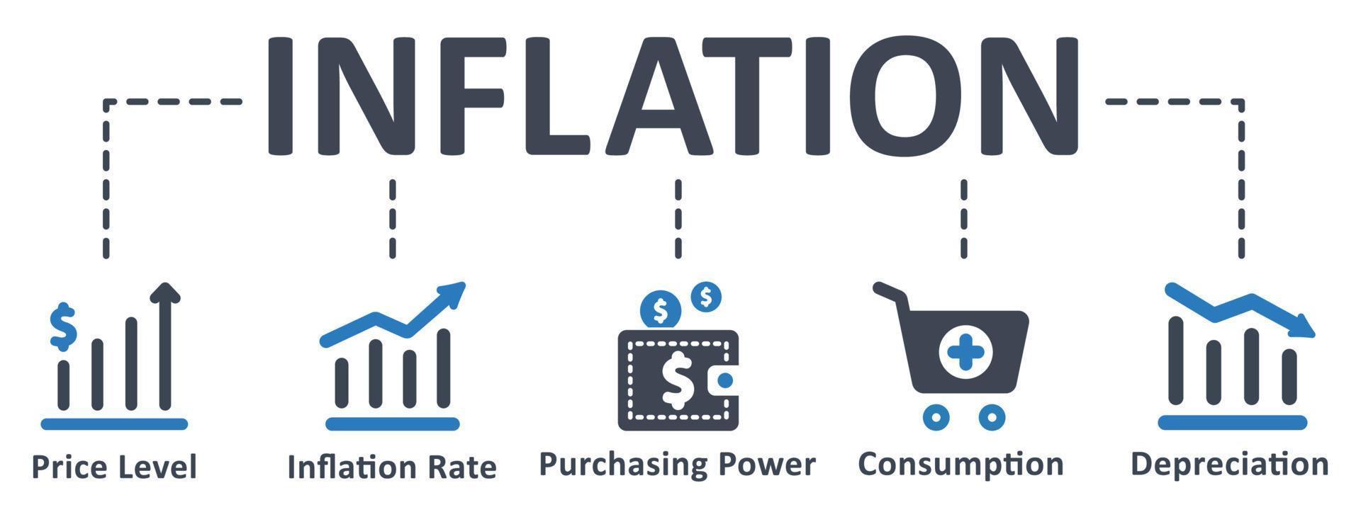 icône d'inflation - illustration vectorielle. inflation, niveau des prix, taux d'inflation, pouvoir d'achat, consommation, dépréciation, infographie, modèle, concept, bannière, pictogramme, jeu d'icônes, icônes. vecteur