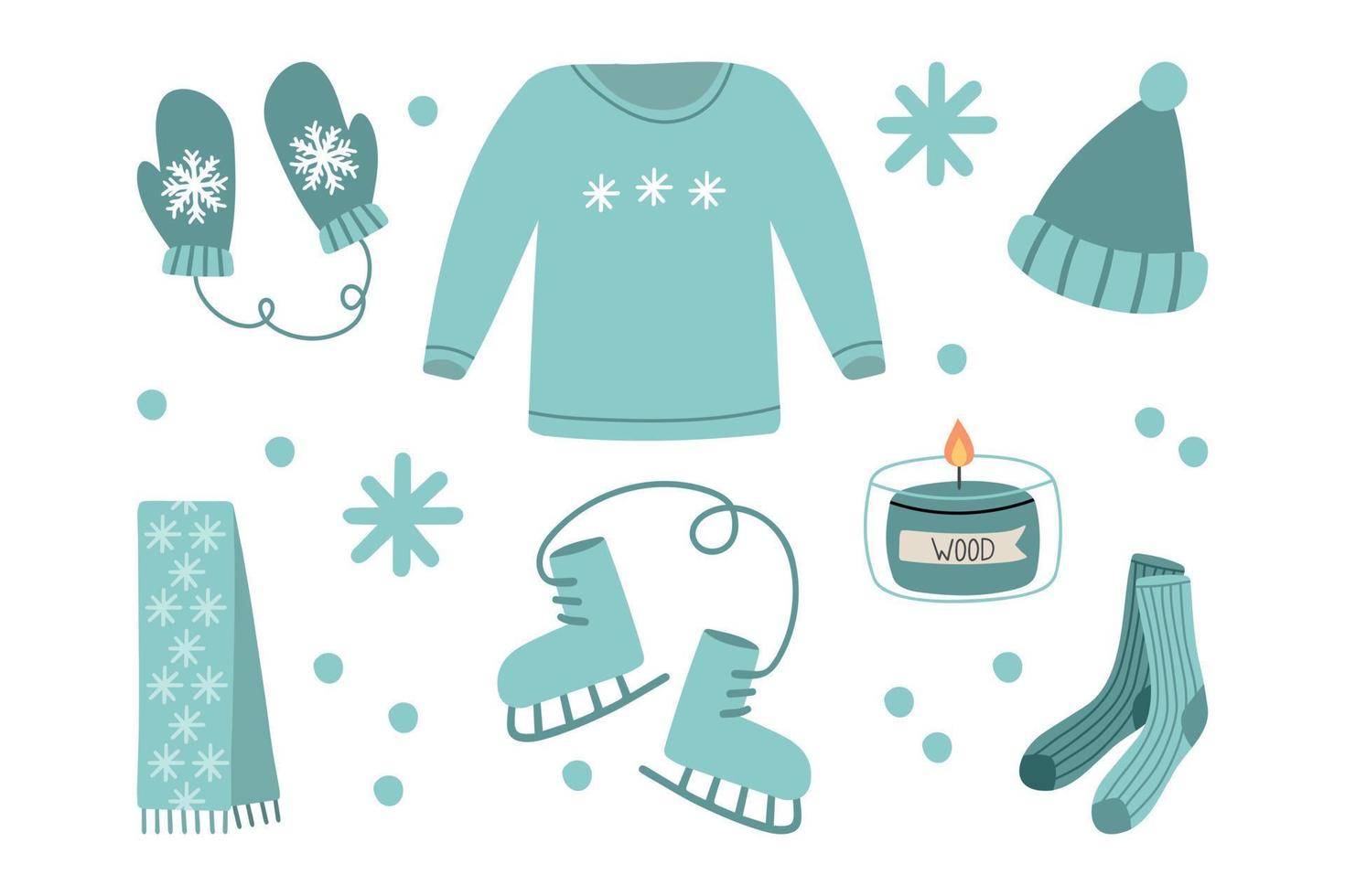 illustration dessinée à la main d'une écharpe de mode, d'un pull, de mitaines, d'une botte et d'une bougie. élément isolé sur fond blanc. vêtements d'hiver. vecteur