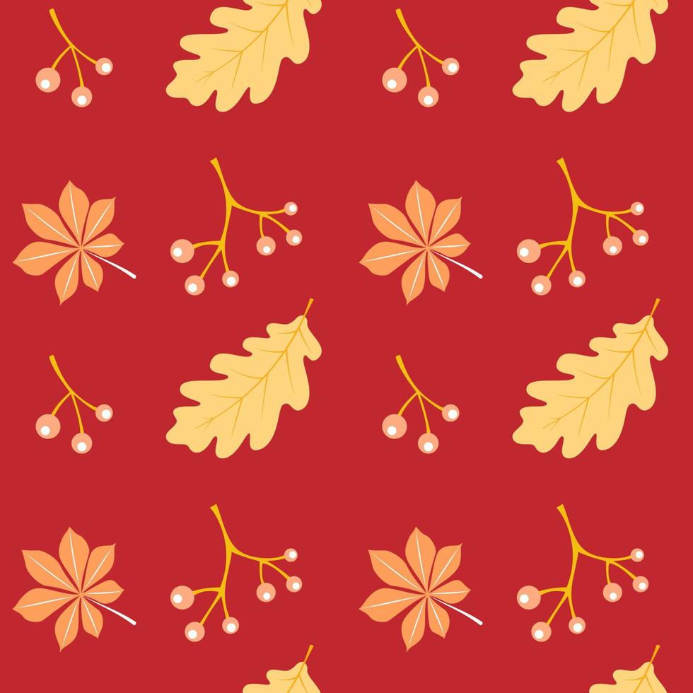 feuilles et baies de chêne de modèle sans couture. vecteur dessiné à la main dans des couleurs chaudes et fond isolé. conception pour les vacances de récolte d'automne, thanksgiving, halloween, salutations de saison, textile, scrapbooking.