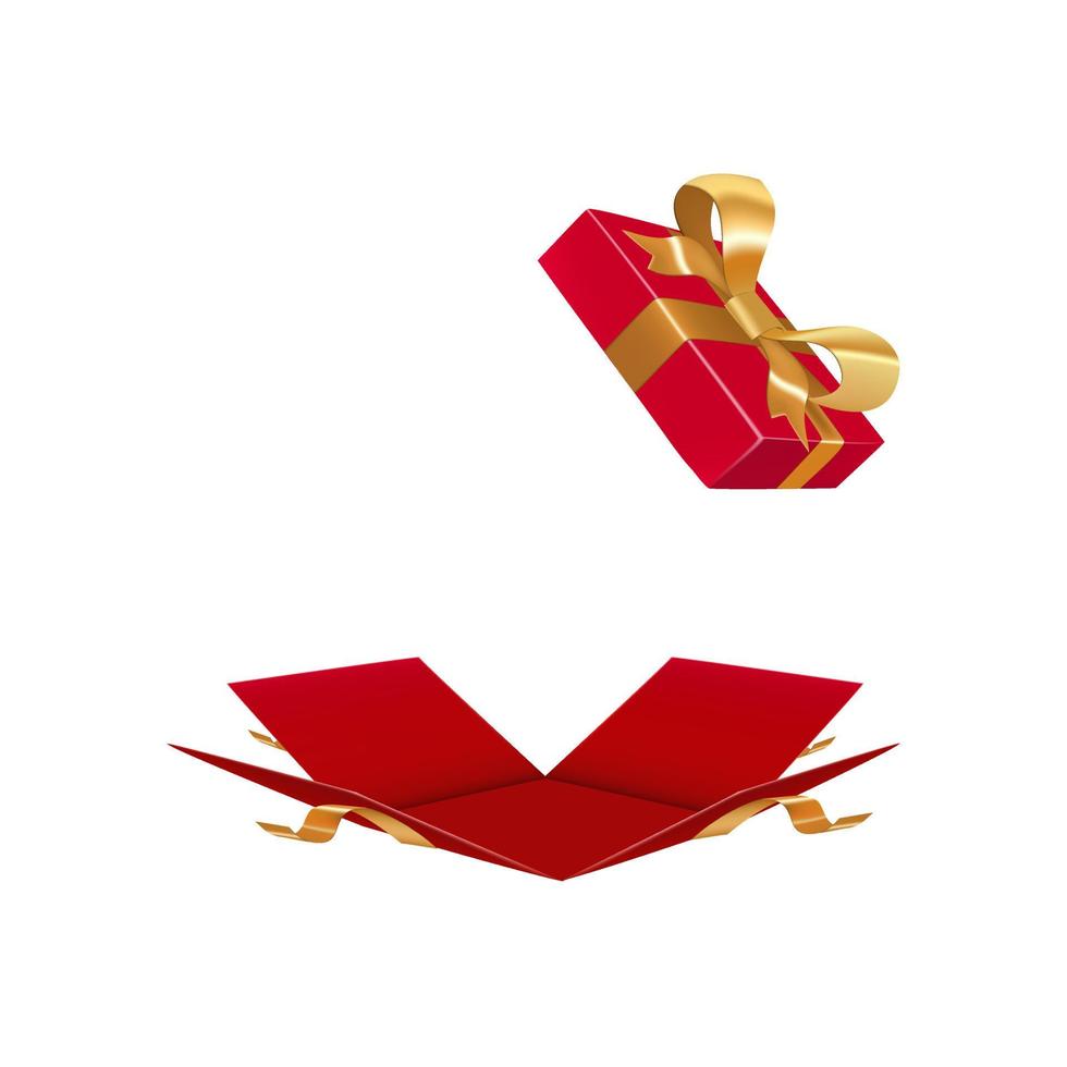 boîte-cadeau ouverte ou boîte-cadeau avec ruban d'or et archet isolé sur fond blanc vecteur