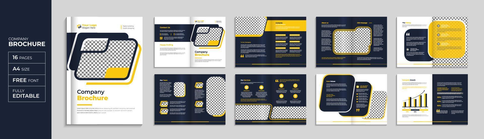 modèle de brochure et de livret d'entreprise jaune de 16 pages, vecteur pro de mise en page de profil d'entreprise moderne