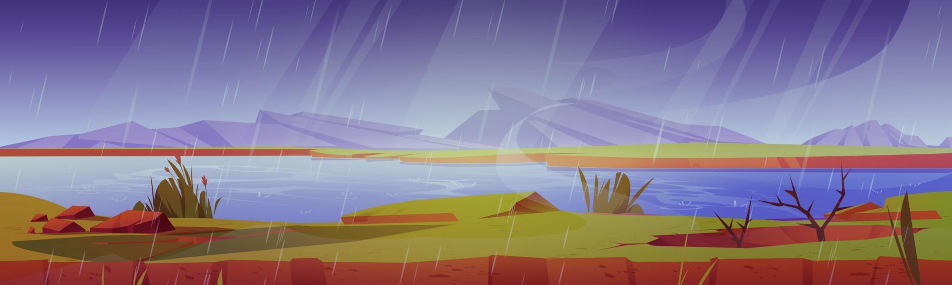 paysage pluvieux avec lac de dessin animé et montagnes vecteur