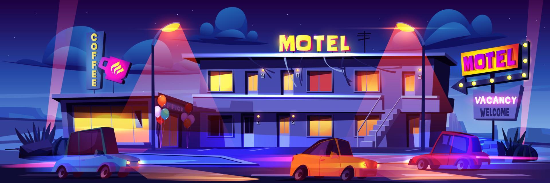 motel la nuit au bord de la route avec des voitures d'équitation vecteur