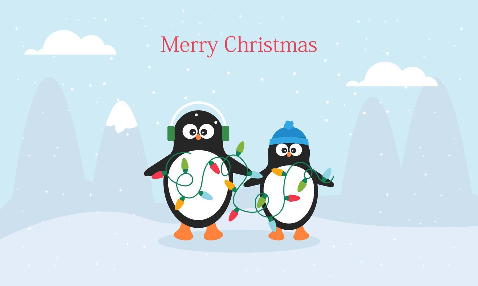 Joyeux noël carte avec mignon hiver pingouins vector illustration