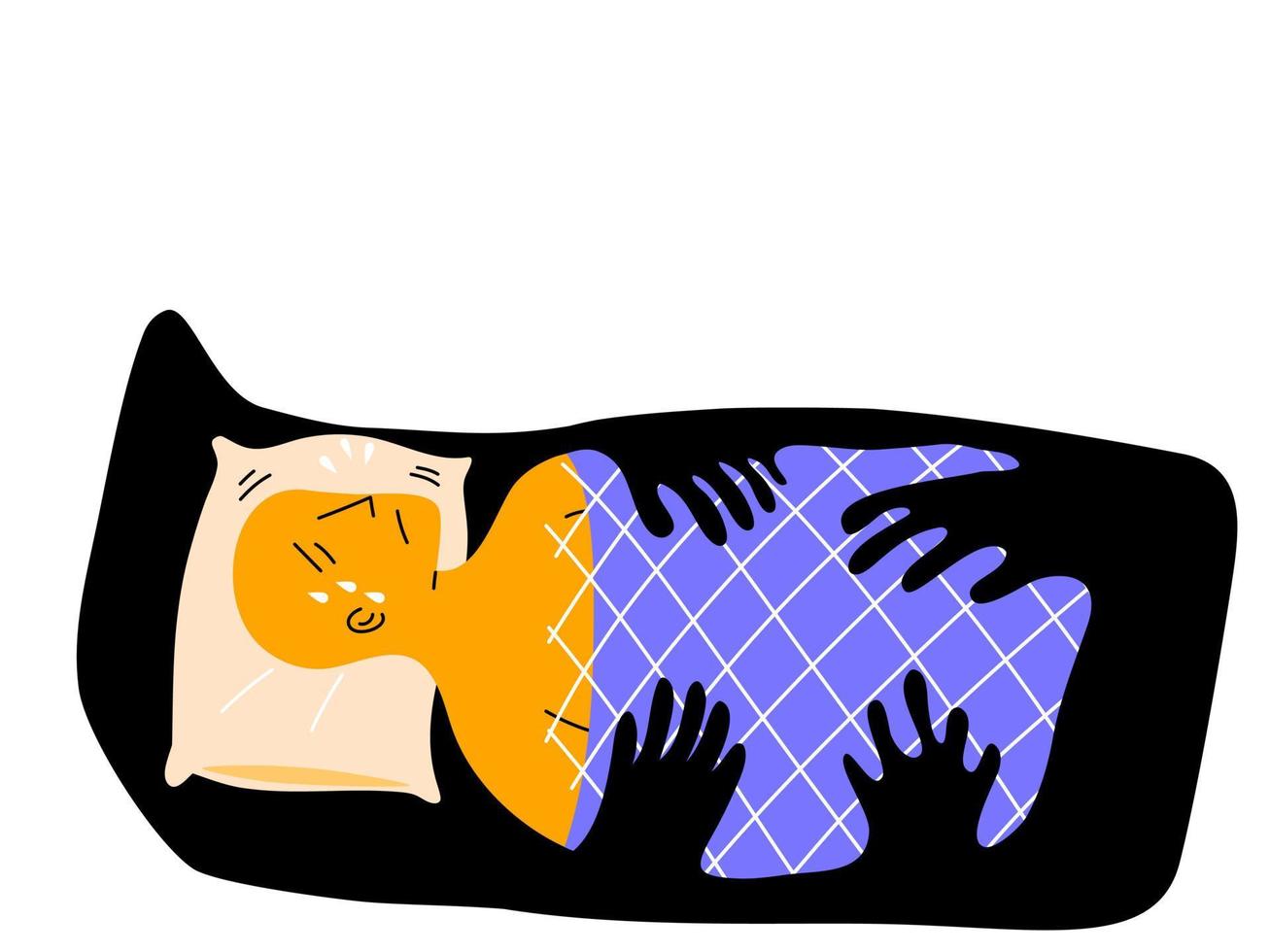 un homme dort et fait des cauchemars et une paralysie du sommeil. concept de paralysie du sommeil, illustration vectorielle plane. vecteur