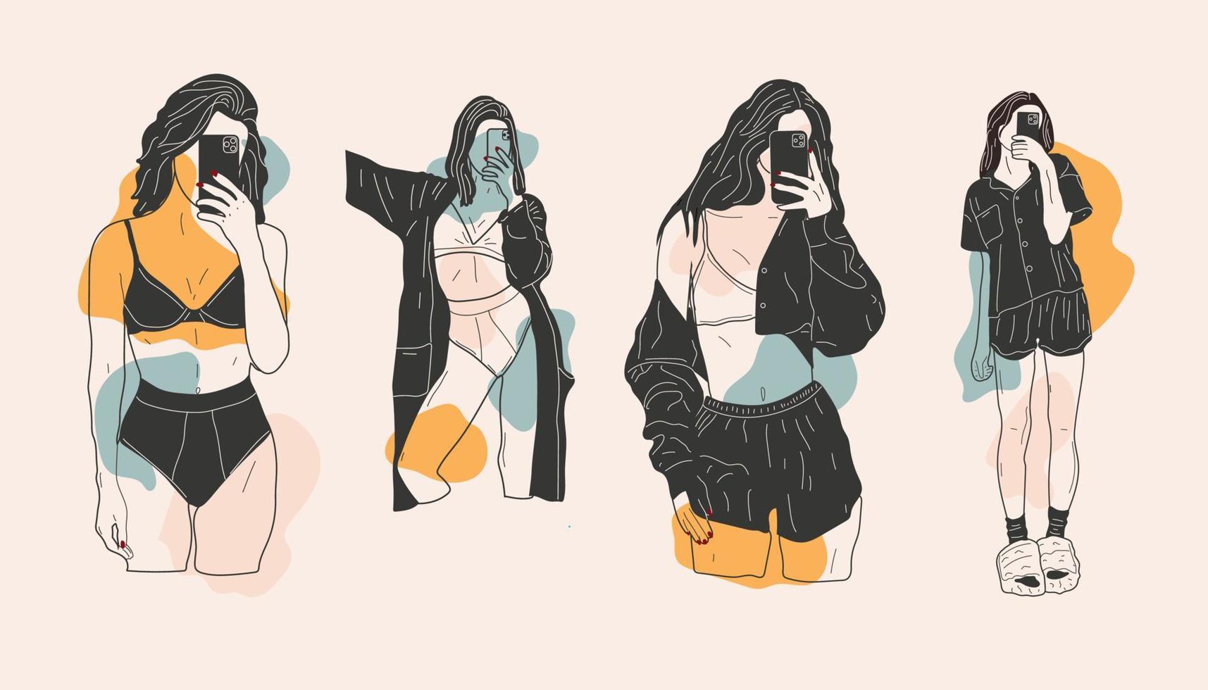 quatre illustrations de mode. de belles jeunes femmes prennent un selfie dans ses sous-vêtements et sa robe. art élégant. décrire les parties du corps. vecteur