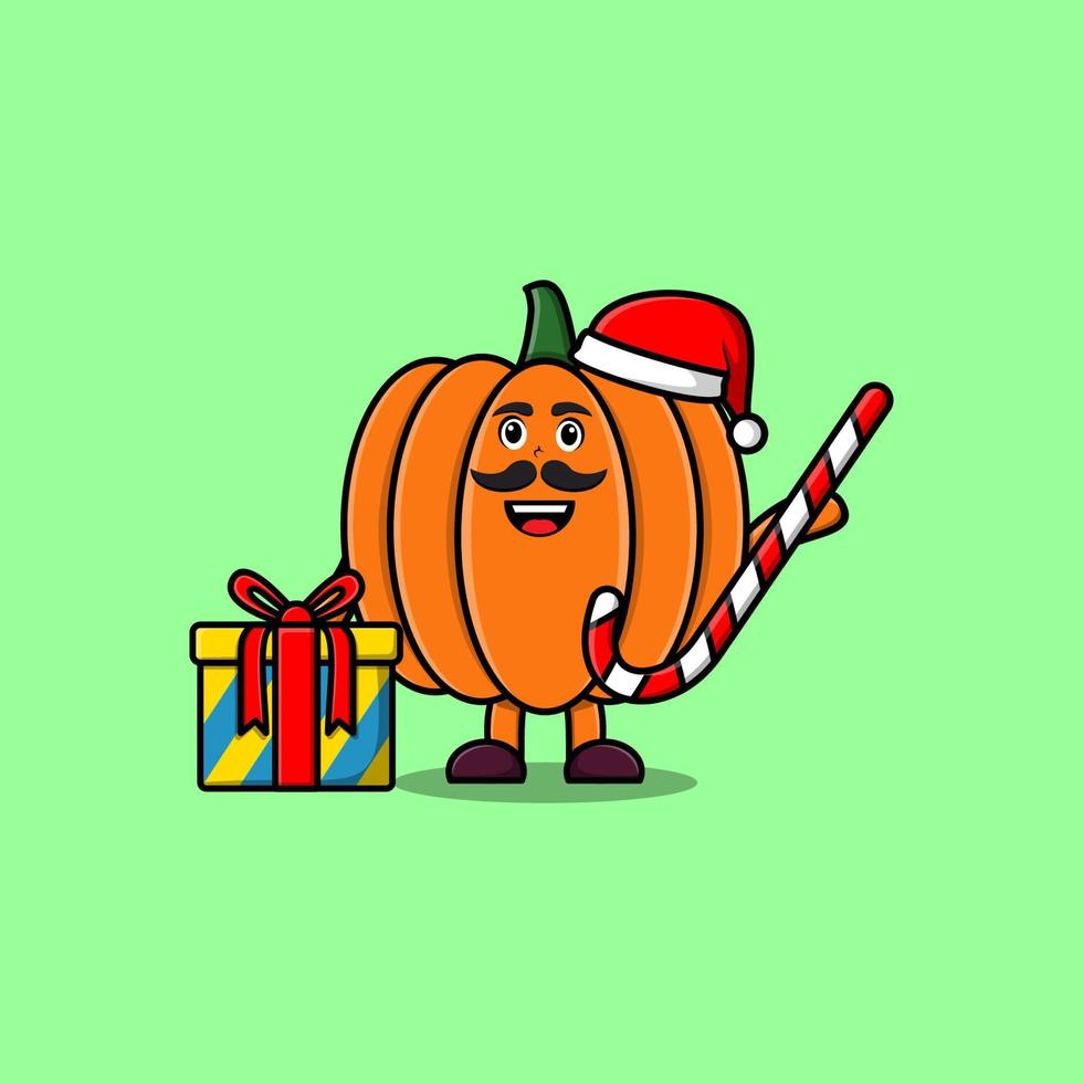 dessin animé citrouille père noël apportant la canne en bonbon vecteur