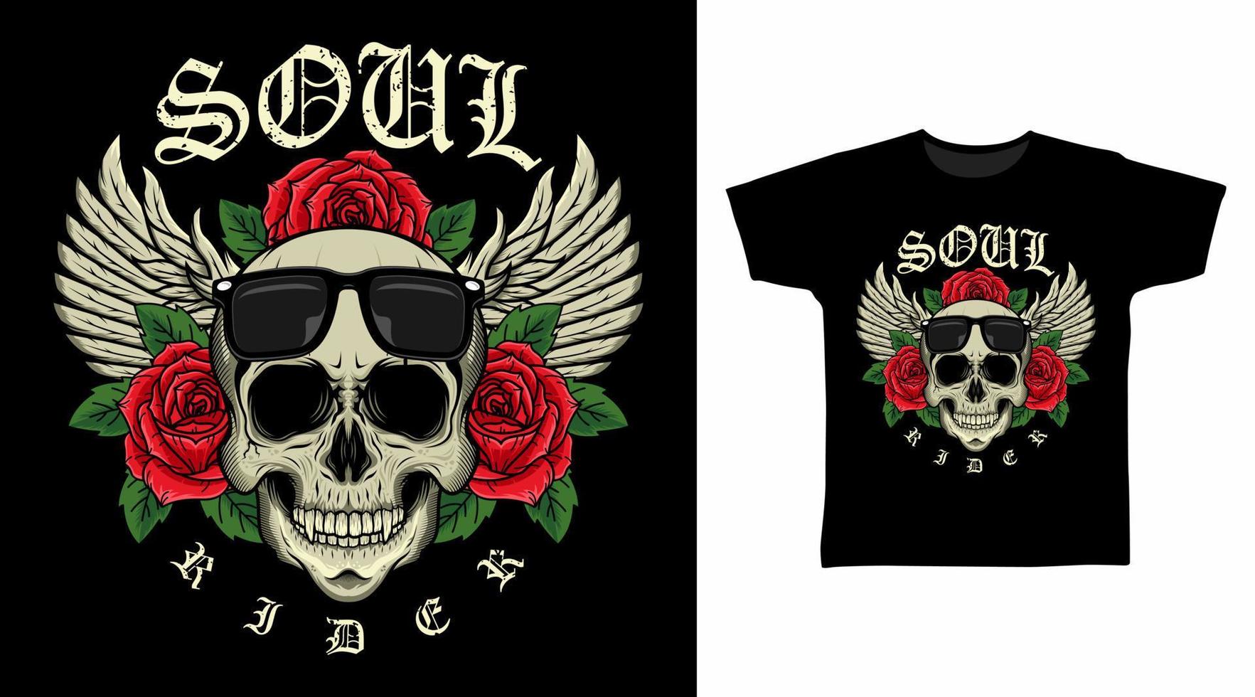 illustration de la tête de mort avec des roses et des ailes conception détaillée de t-shirt vectoriel