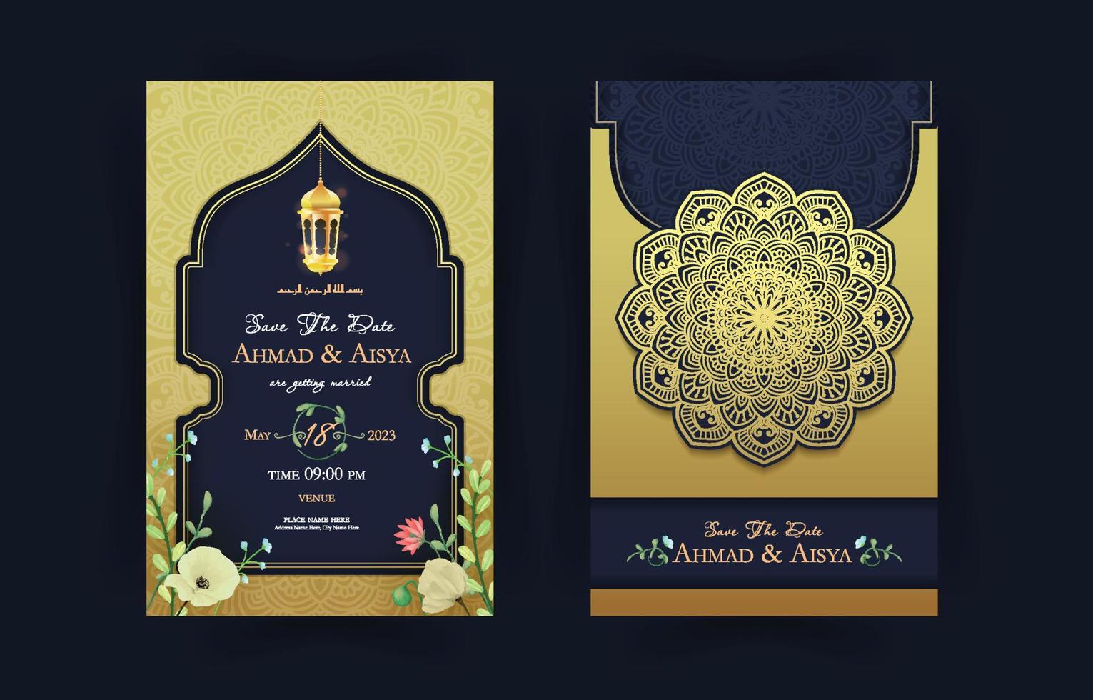 invitation de mariage musulman en bleu et or vecteur