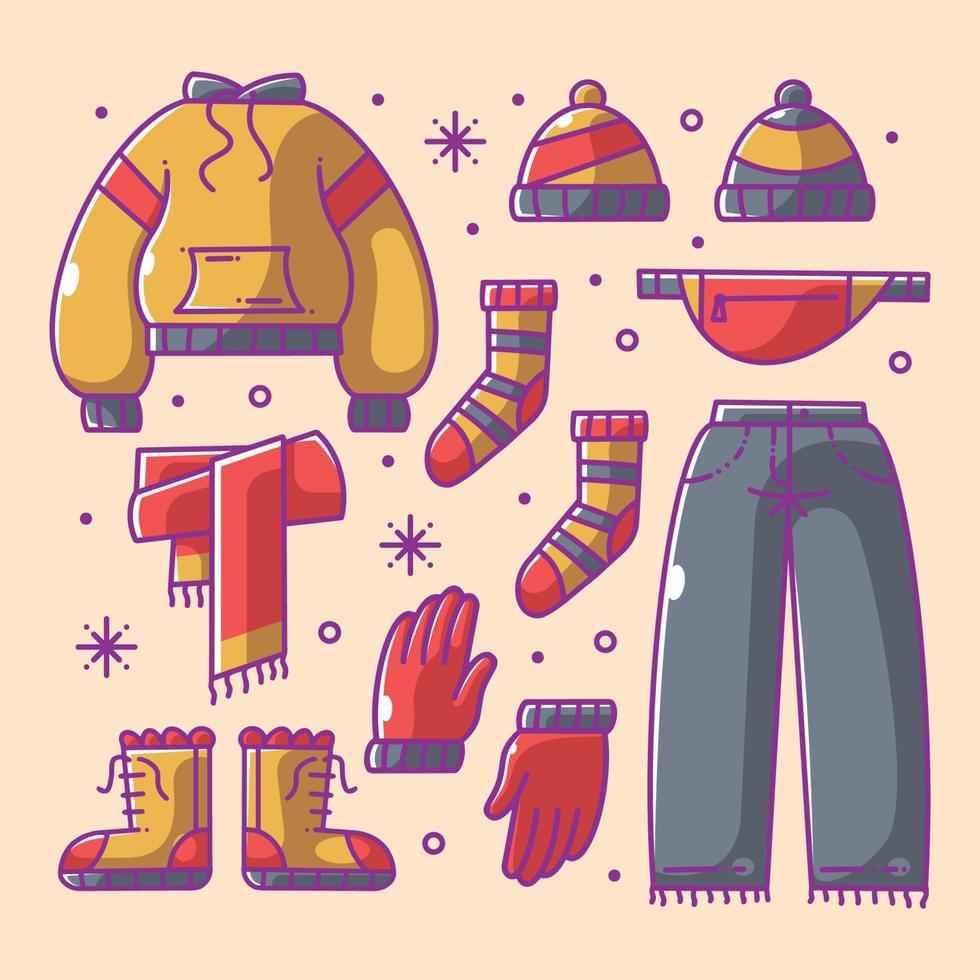 vêtements d'hiver dessinés et essentiels en couleur vecteur