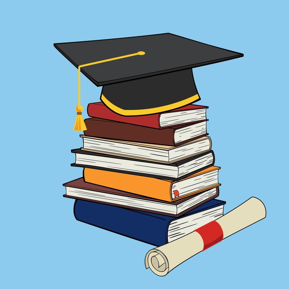 chapeau de graduation sur le dessus de la pile de livres et du rouleau de certificat vecteur