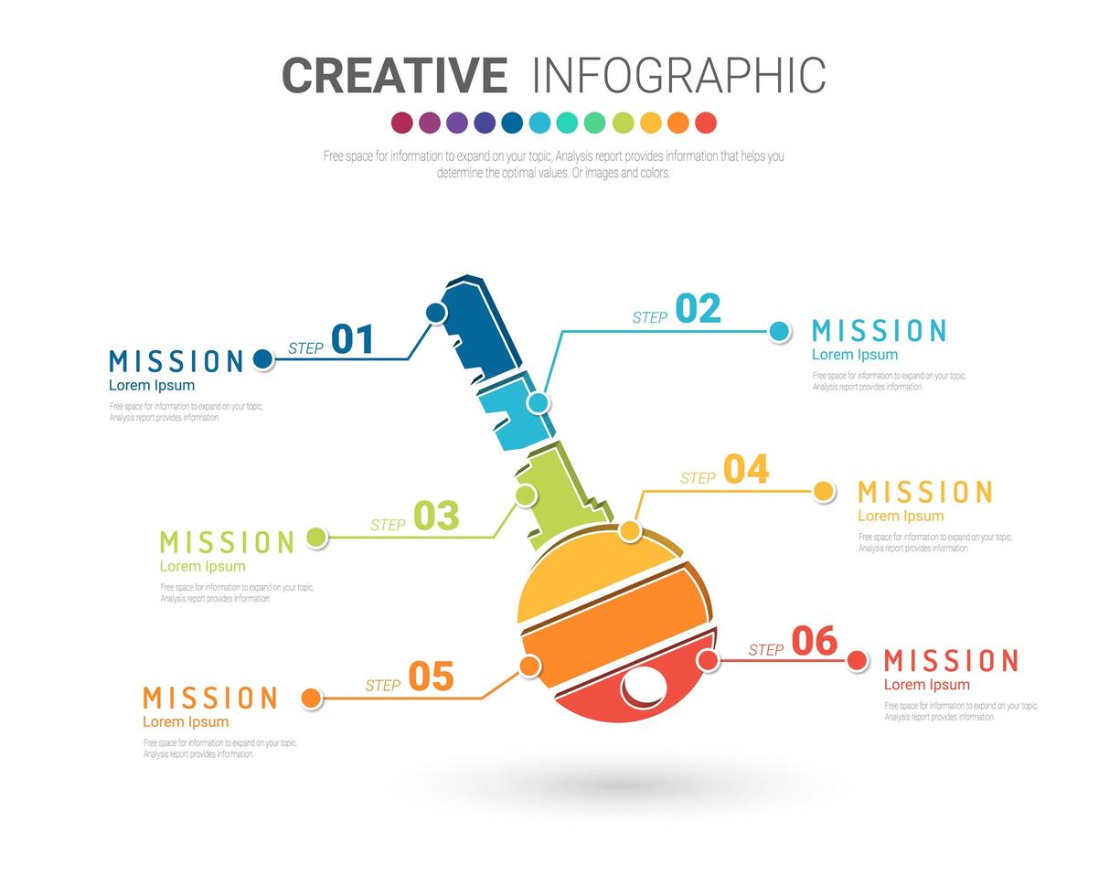 concept clé infographique coloré avec 6 options vecteur