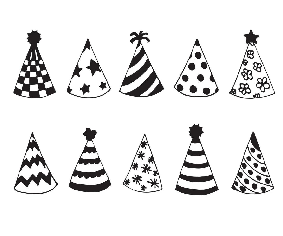 illustration de doodle noir et blanc de chapeaux de fête festifs vecteur