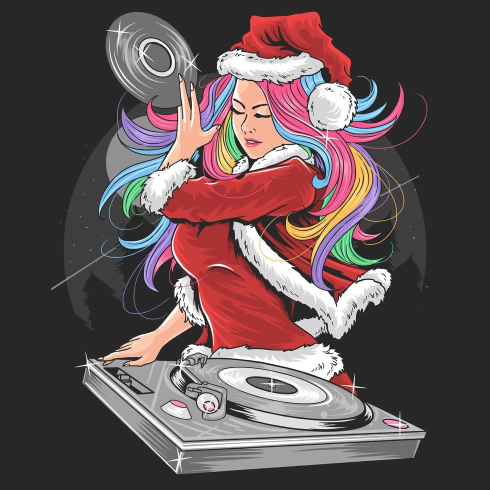 dj fille aux cheveux arc en ciel en costume de père noël vecteur